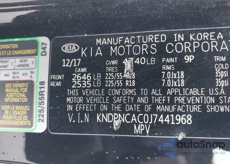 2018 Kia Sportage Ex из США, поврежденный, VIN KNDPNCAC0J7441968